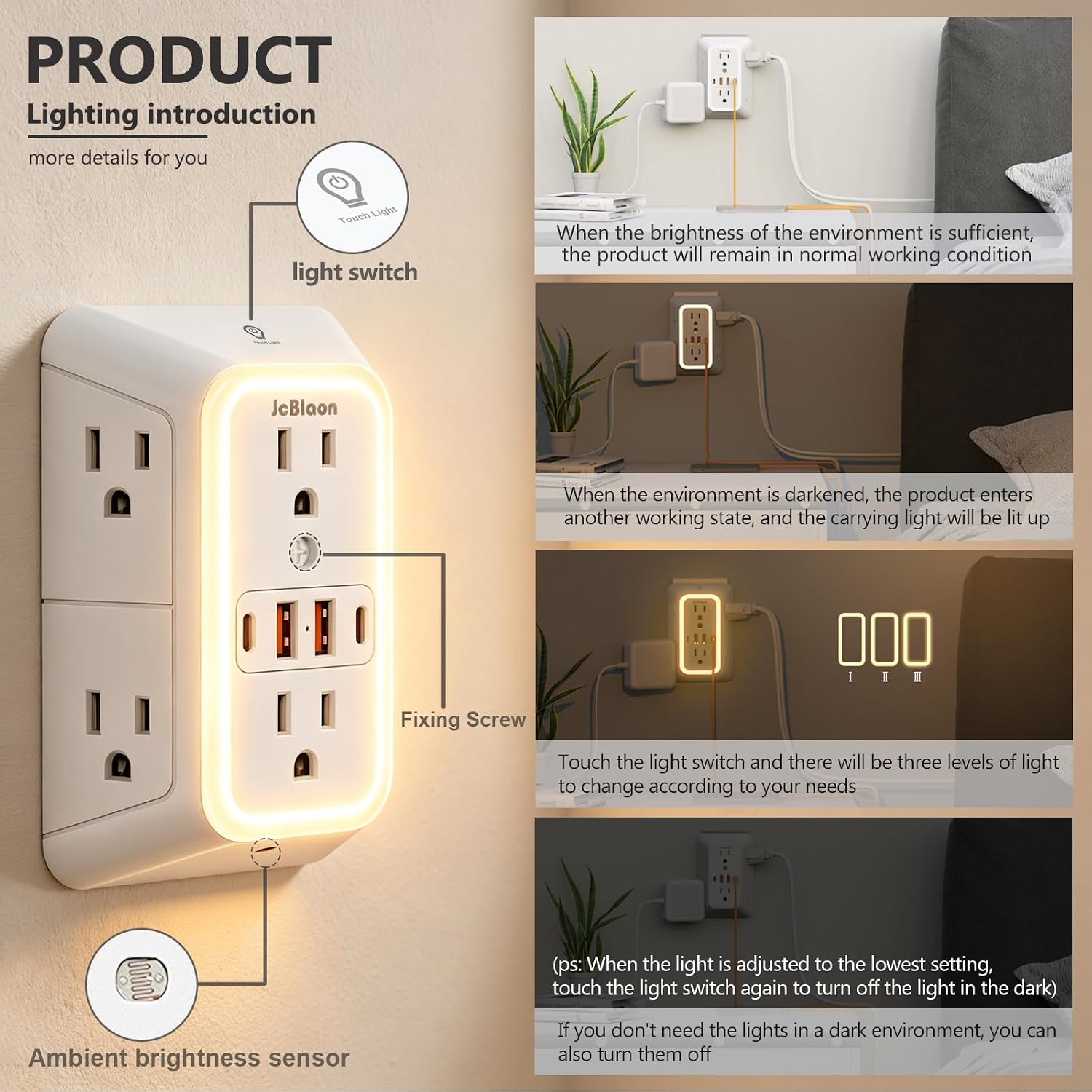 Thumbnail 4 de Wall Outlet Extender with Night Light: 6 Outlets, 2 USB-A, 2 USB-C, 1050J Surge Protection