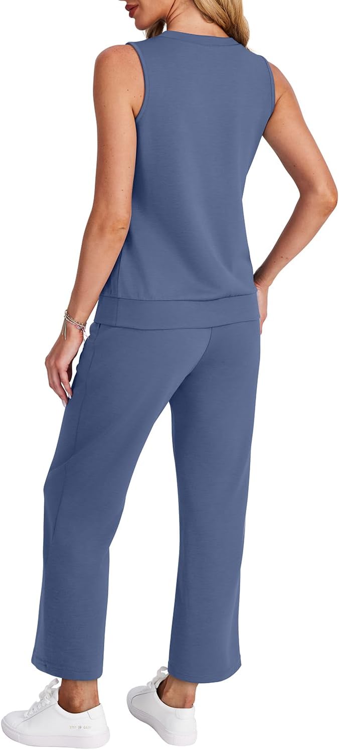 Detalle de WIHOLL Two Piece Set for Women: Summer Lounge Set with V Neck Top and Wide-Leg Cropped Pants
