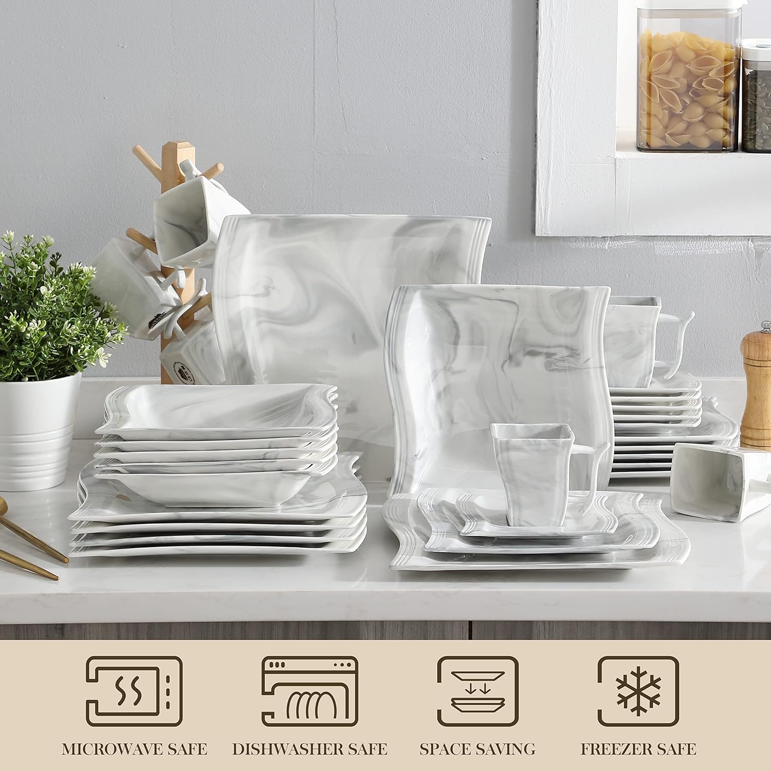 Detalle 2 de MALACASA Flora 30-Piece Marble Grey Porcelain Dinnerware Set for 6