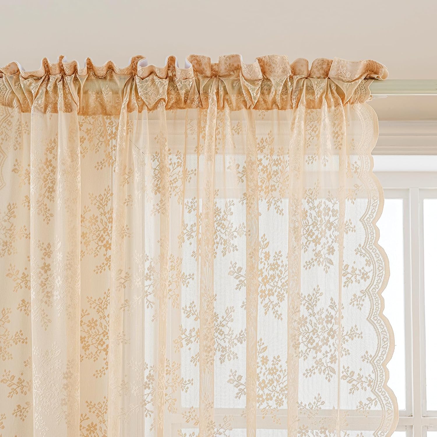 Detalle de AJAZZ Beige Floral Lace Curtains, Set of 2 Panels (52 x 63 in): 2-in-1 No-Drill Light Filtering Sheer Curtains with Scalloped Edge