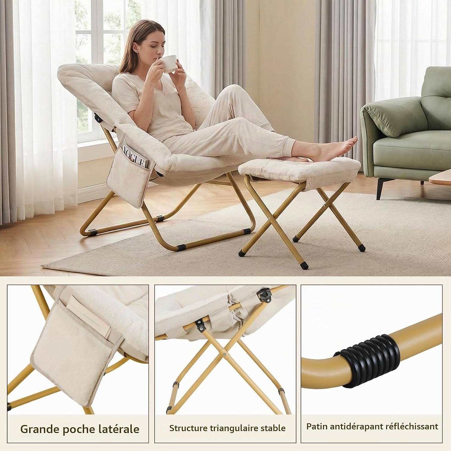 Detalle de Clevich ZD-T1014+C01017A loungestoel met voetensteun, imitatiebont