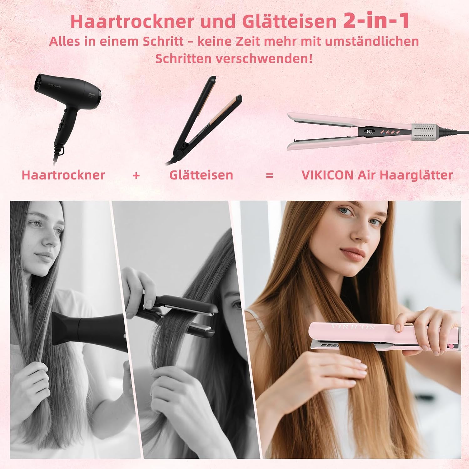 Thumbnail 6 de VIKICON Air Haarglätter – Professionelles Ionen Luft-Glätteisen (Hellrosa), 2-in-1 Glätten und Trocknen