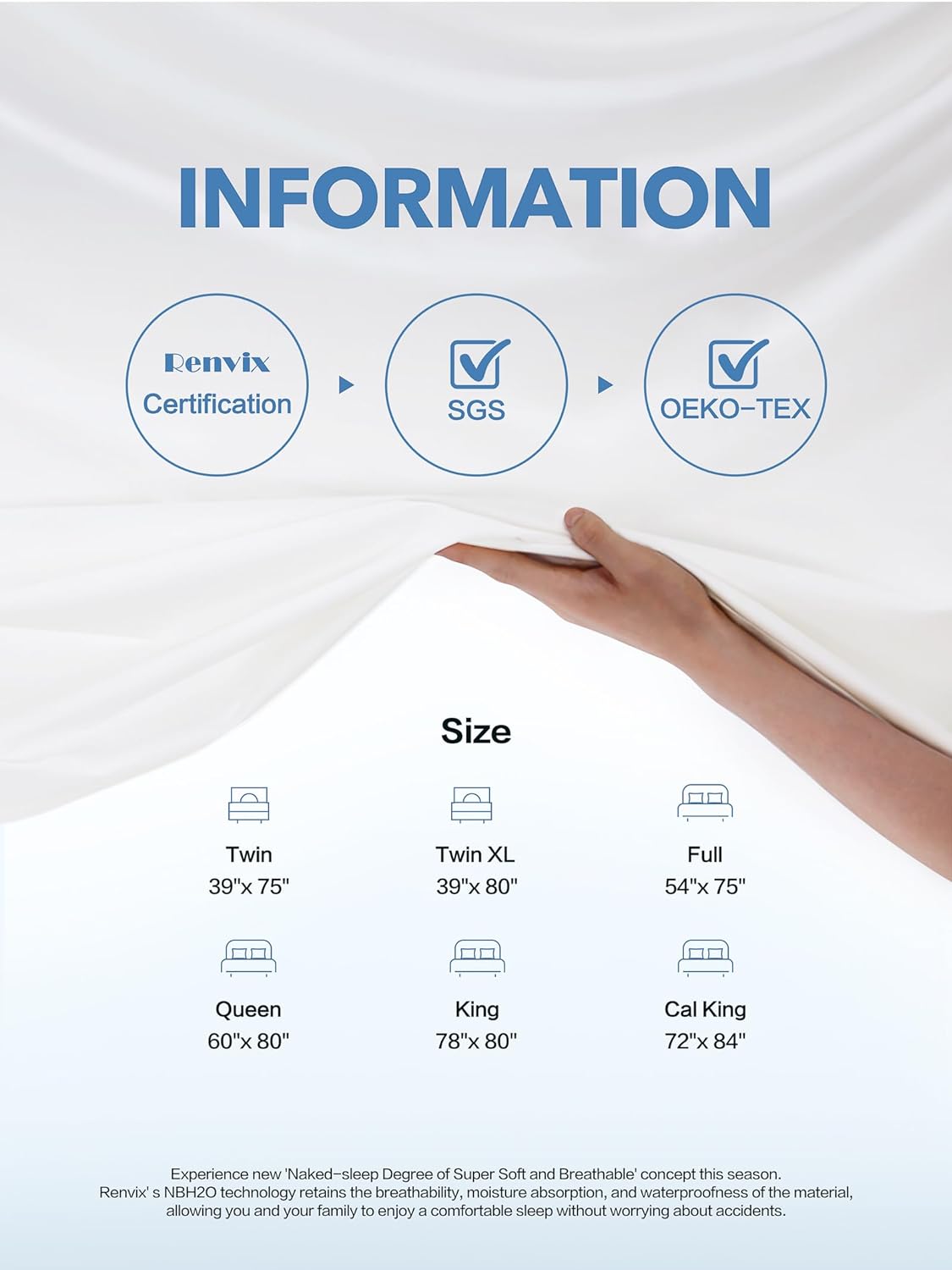 Detalle 2 de Renvix MP0918 Waterproof King Mattress Protector, Bamboo Viscose, Deep Pockets