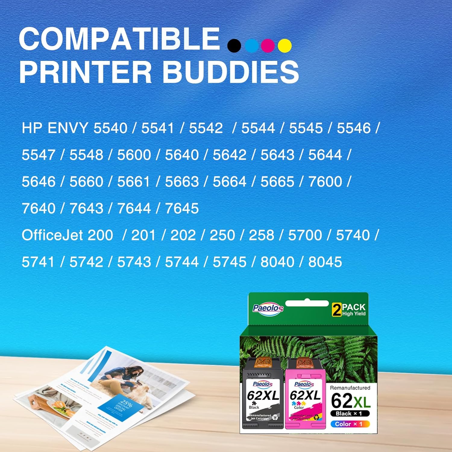 Thumbnail 1 de Paeolos 62XL Ink Cartridges Combo Pack (Black & Colour) – 2-Pack for HP 62XL compatible printers