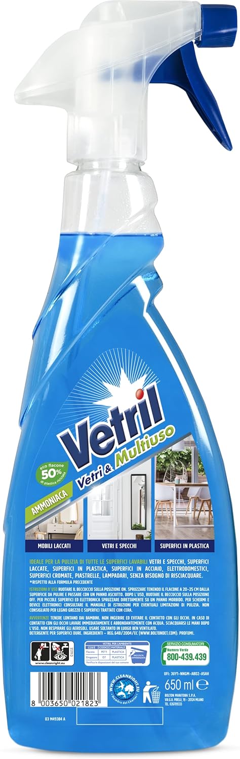 Detalle de Vetril Ammoniaca Spray 650 ml x 4 — Vetri e Superfici, azione sgrassante senza aloni