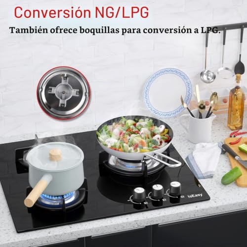 Detalle de IsEasy Placa de Gas 3 Fuegos Cristal Negro 60 cm: empotrable, seguridad y versatilidad