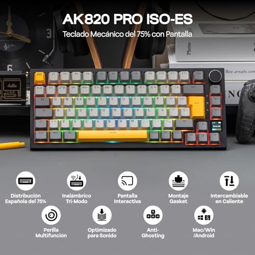 Thumbnail 1 de EPOMAKER Ajazz AK820 Pro ISO-ES: Teclado Mecánico Inalámbrico 75% con Pantalla TFT, Perilla y RGB para PC/Mac