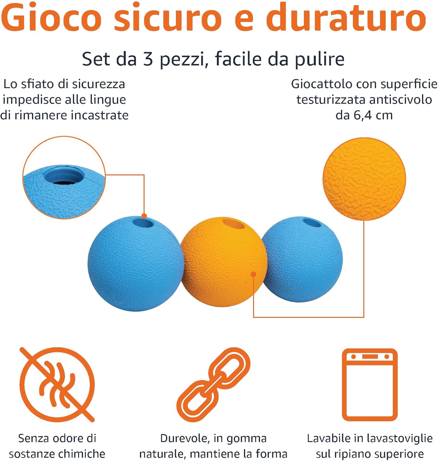 Detalle 2 de Palline Giocattolo Supreme in Gomma per Cani (6.35 cm) – Confezione da 3, Blu e Arancione
