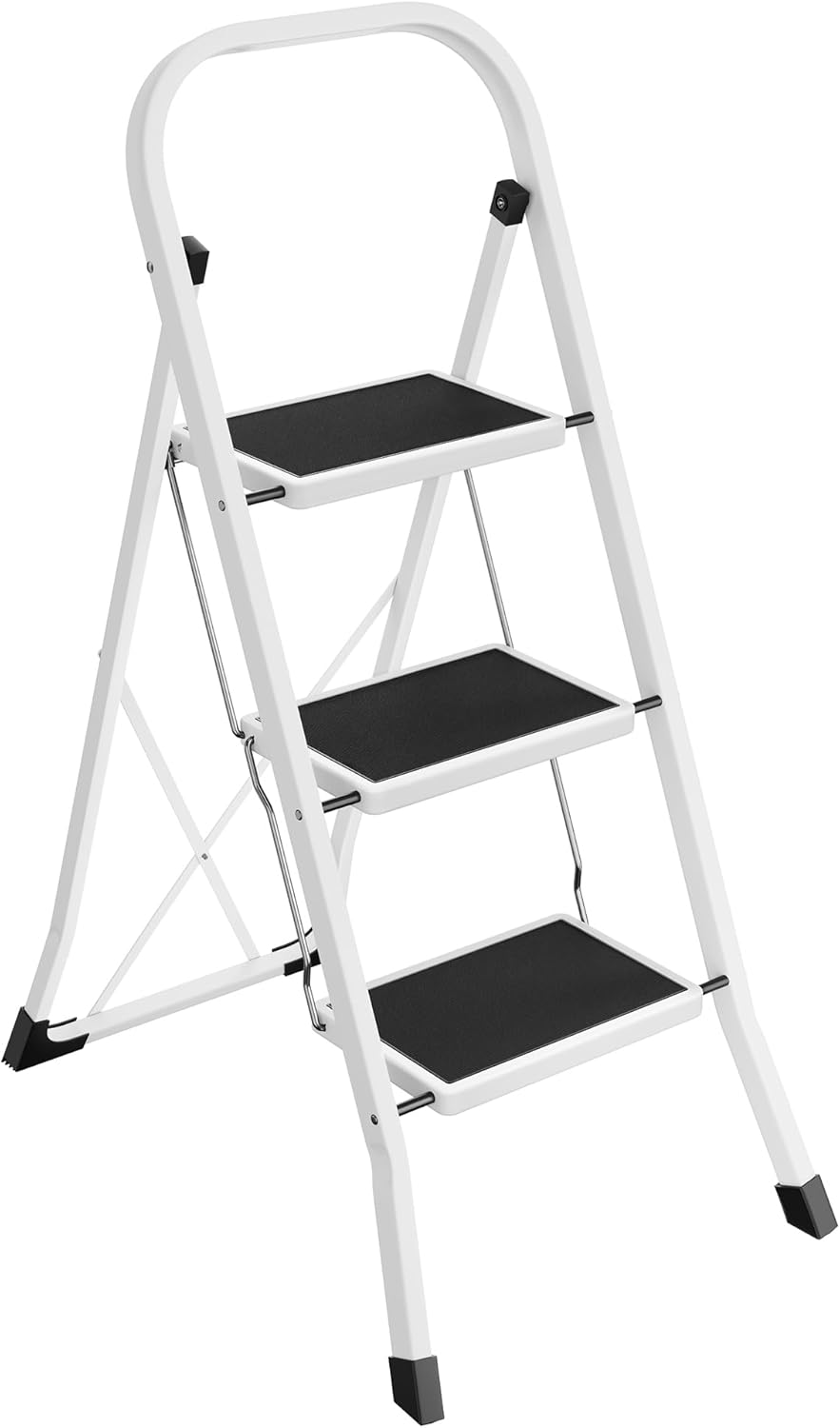 SONGMICS GSL03WT: escalera de tijera plegable con 3 peldaños y bloqueo de seguridad