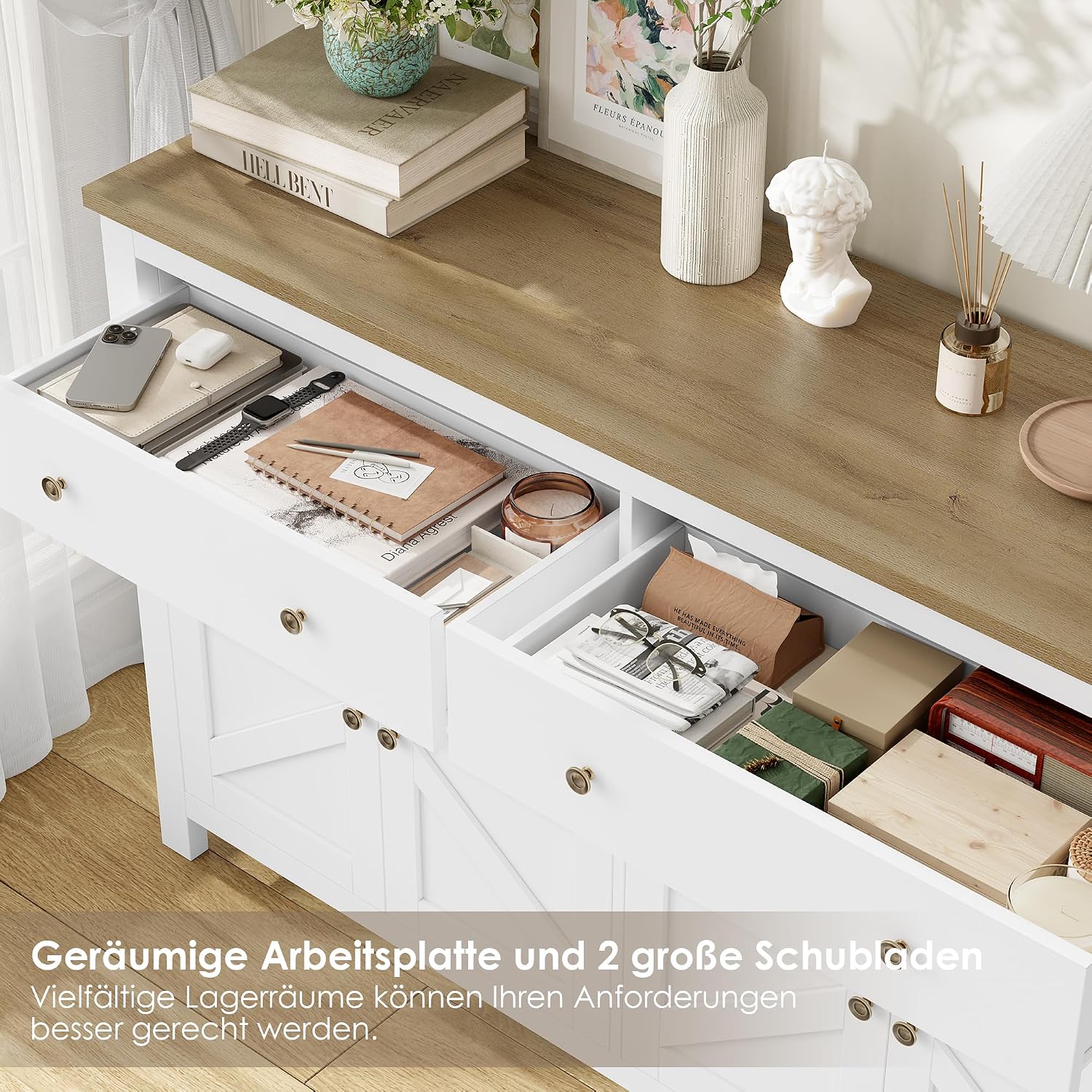 Detalle 2 de FirFurd P262 140cm Sideboard, White with 2 Drawers, 4 Doors and Adjustable Shelves