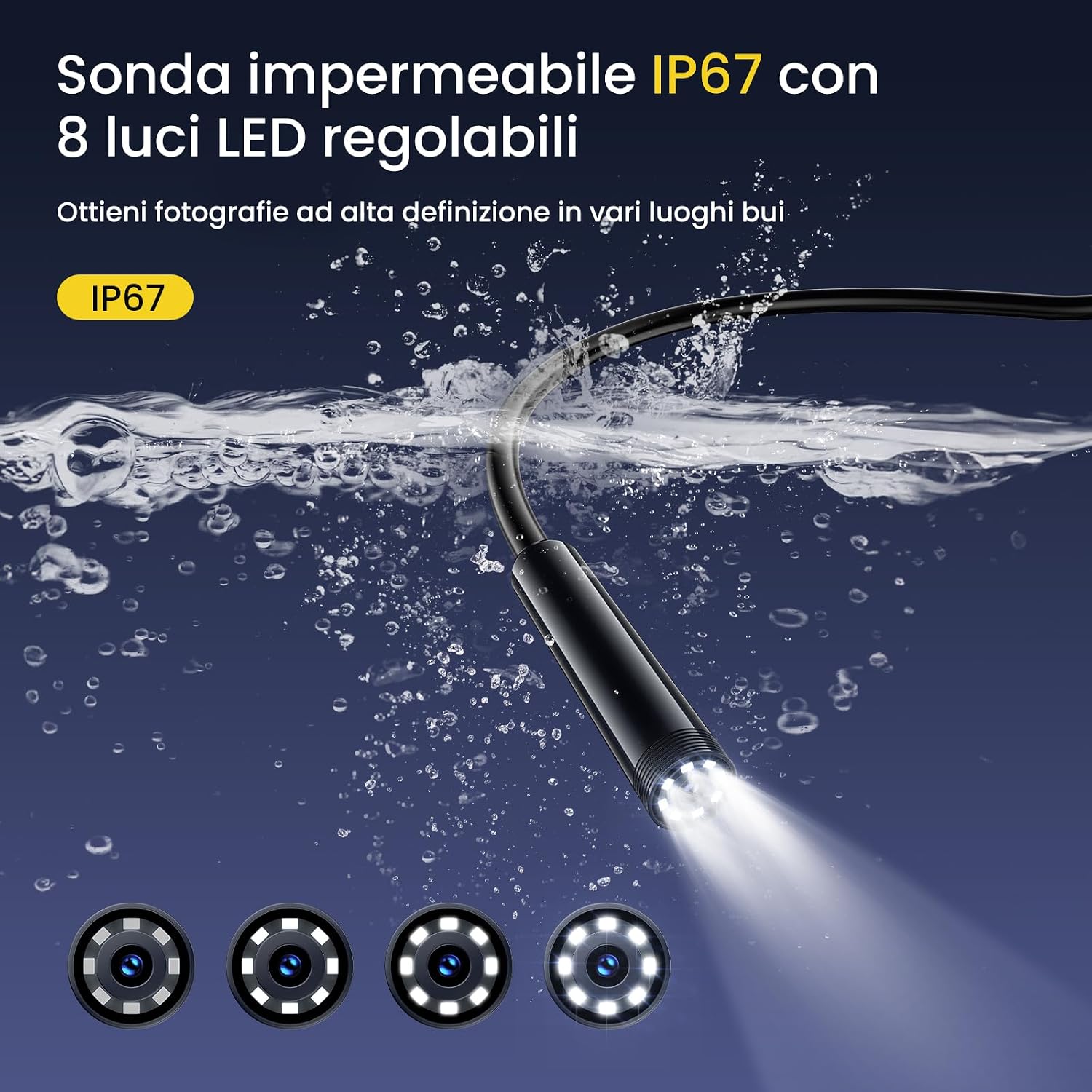 Detalle de Maxpow Endoscopio per Smartphone – Telecamera Endoscopica 1920HD IP67, Sonda 5 m con 8 LED, Compatibile Android e iOS