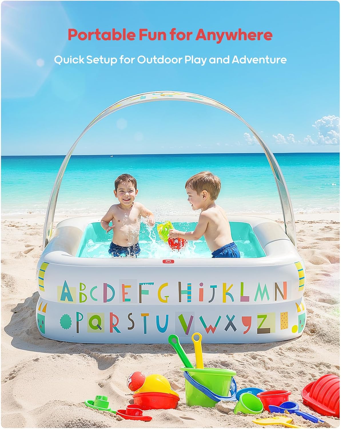 Thumbnail 5 de QPAU Kiddie Pool — 65" x 39" Inflatable Pool with Soft Floor, Canopy, and Multi-Use Play
