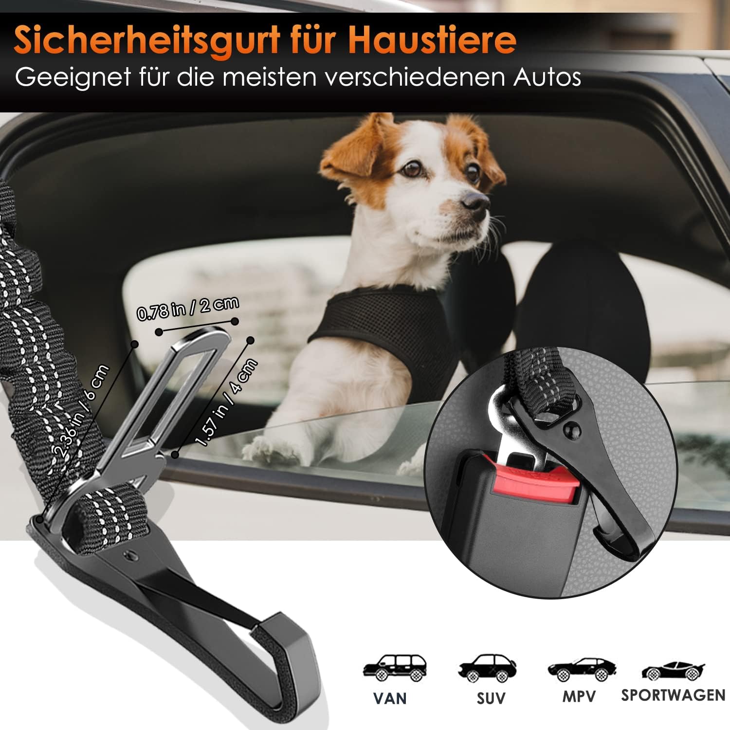 Detalle 2 de Eyein Hunde-Sicherheitsgurt für Auto (3-in-1), verstellbar mit elastischer Ruckdämpfung, reflektierend, 70 cm – Schwarz