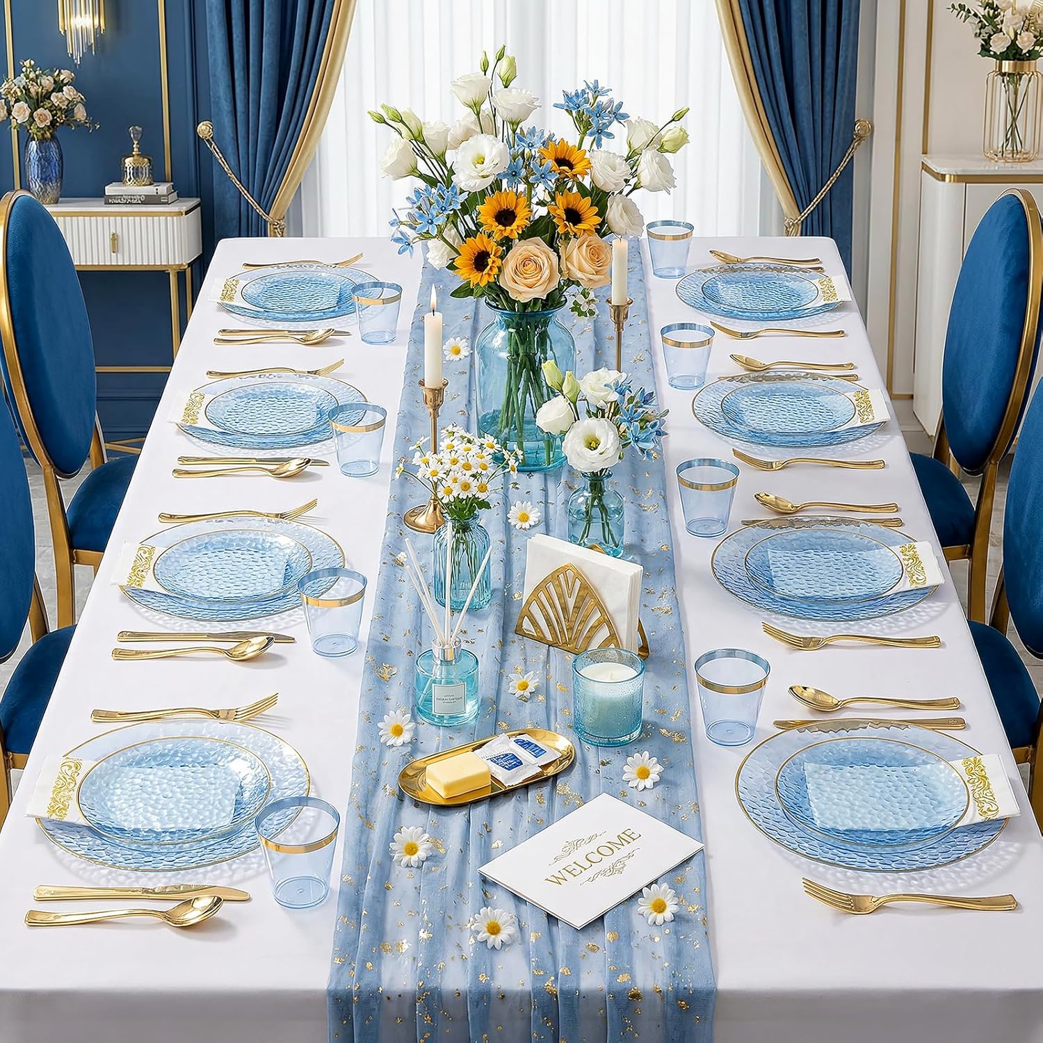 Thumbnail 6 de Rubtlamp 350 Pcs Blue Gold Hammered Plastic Dinnerware Set for 50 Guests