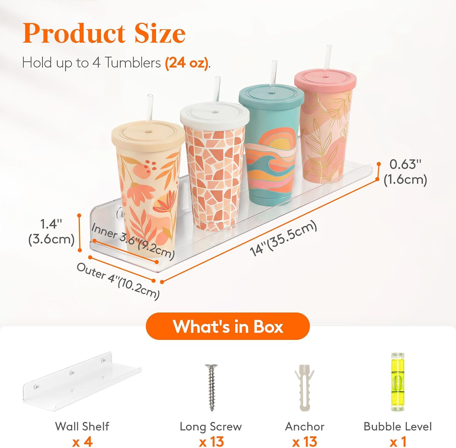 Thumbnail 2 de Lifewit 14" Clear Acrylic Floating Shelves for Bathroom, Organizer Wall Rack (4-Pack)