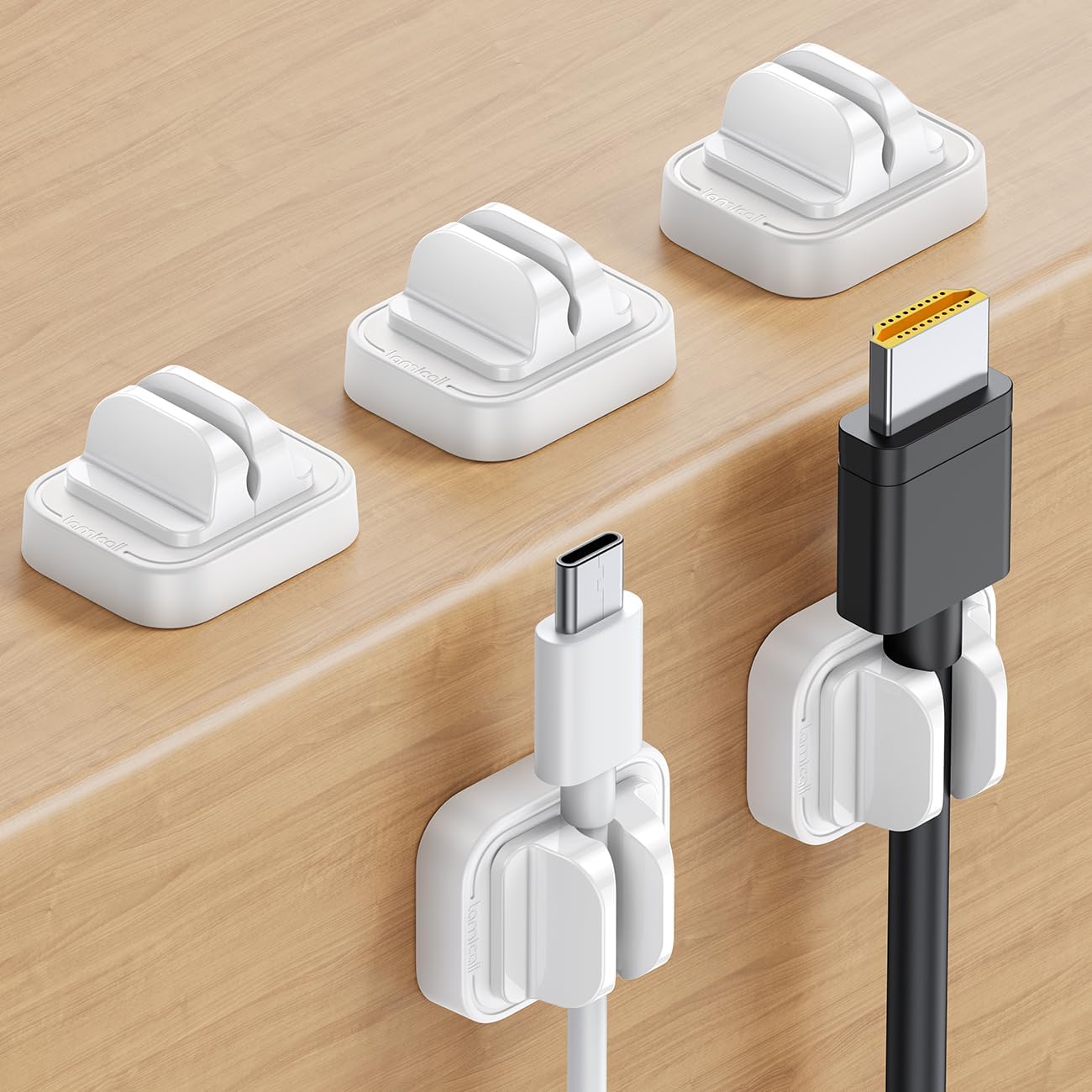 [5 Pack] Lamicall Spring Cable Holder Clips (White) – Adjustable self-adhesive cord tidy for desk and wall, 8mm