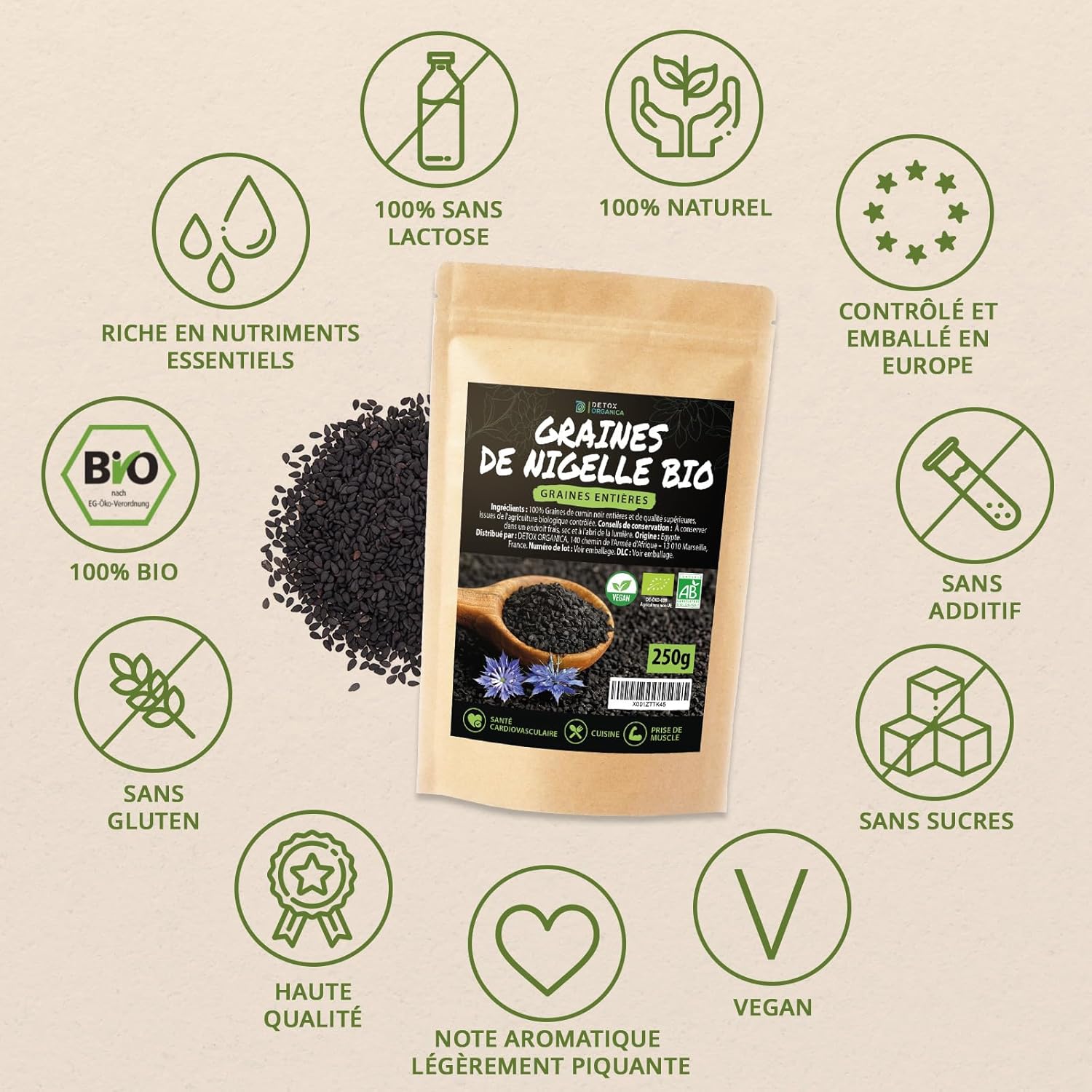 Thumbnail 3 de DETOX ORGANICA Graine de Nigelle – 250 g, Nigelle noire biologique certifiée, qualité premium pour vos plats