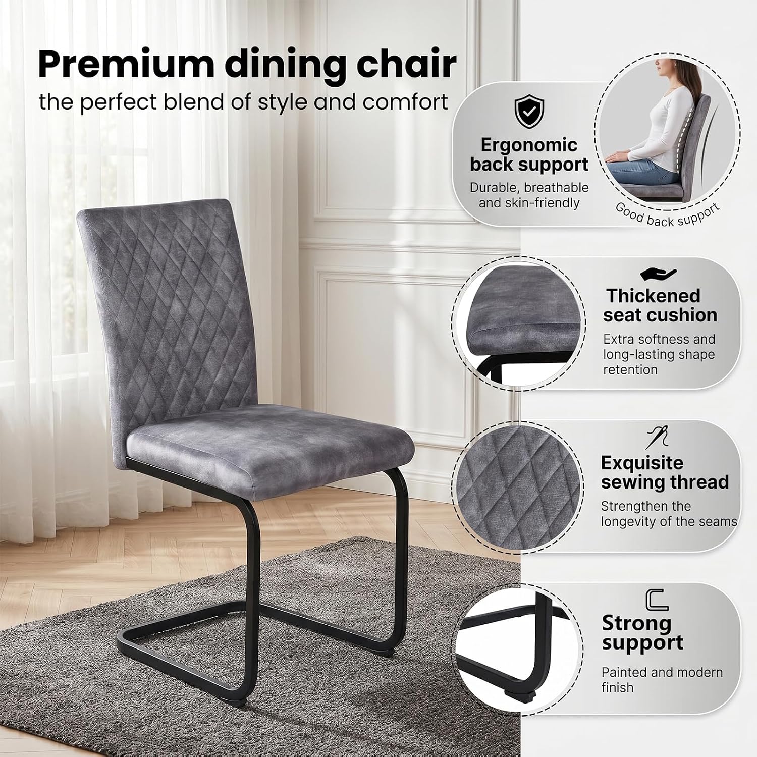 Detalle de JIEXI set van 6 eetkamerstoelen in grijze stof met hoge rugleuning en dik kussen