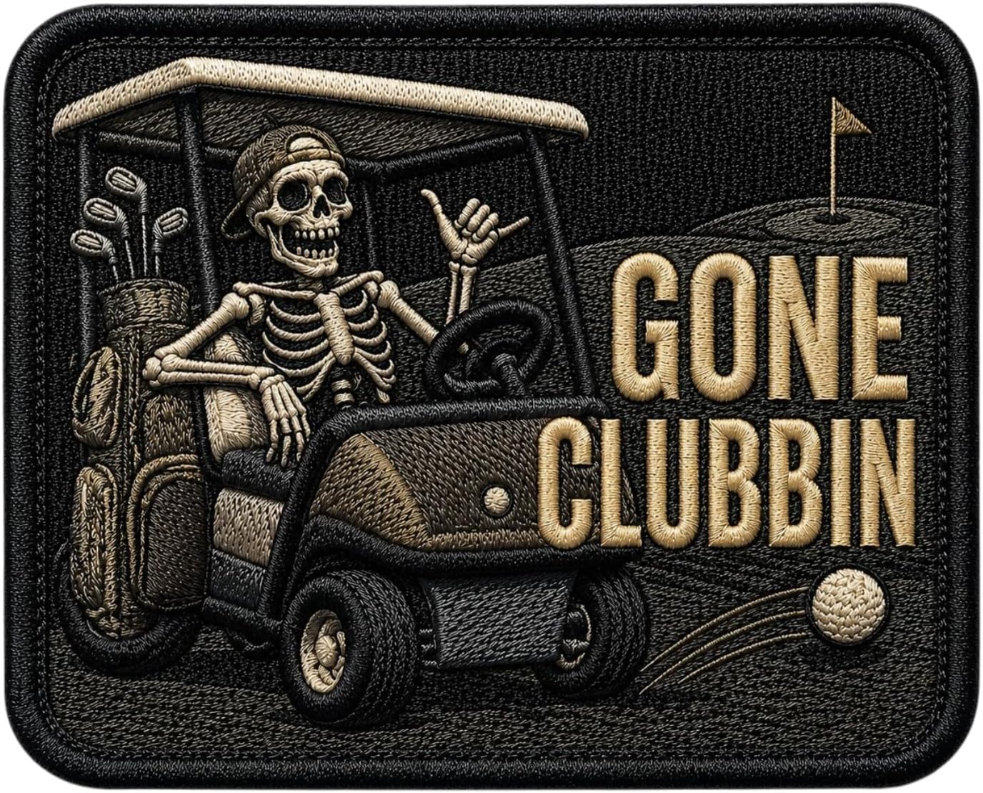 Detalle de Zaroqui Funny Gone Clubbin Golf 刺繍ワッペン|スケルトンのゴルフカート柄、アイロン接着・縫い付け対応