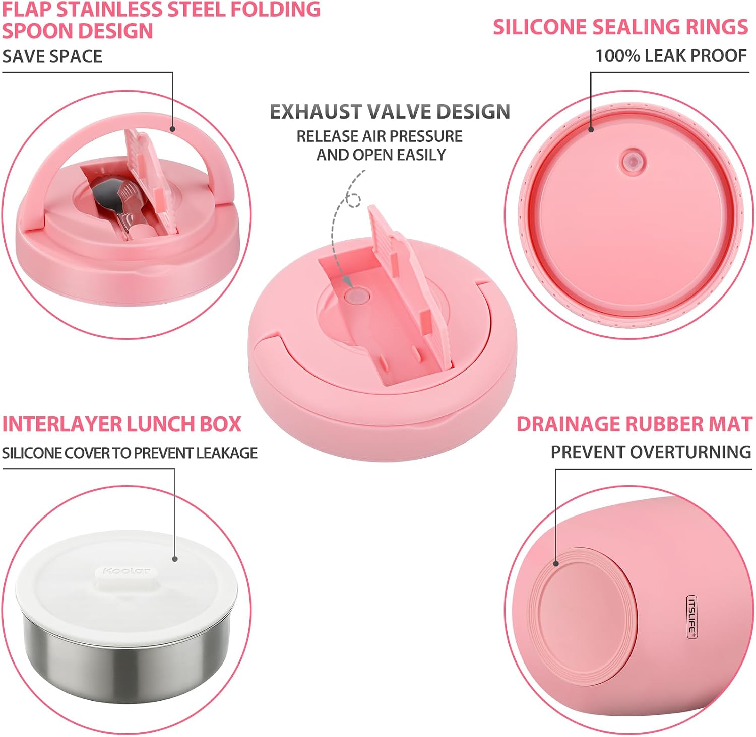 Thumbnail 3 de Itslife Thermobehälter für Essen 970 ml – Thermoschüssel mit Deckel, Warmhaltebehälter aus Edelstahl mit Löffel (rosa)