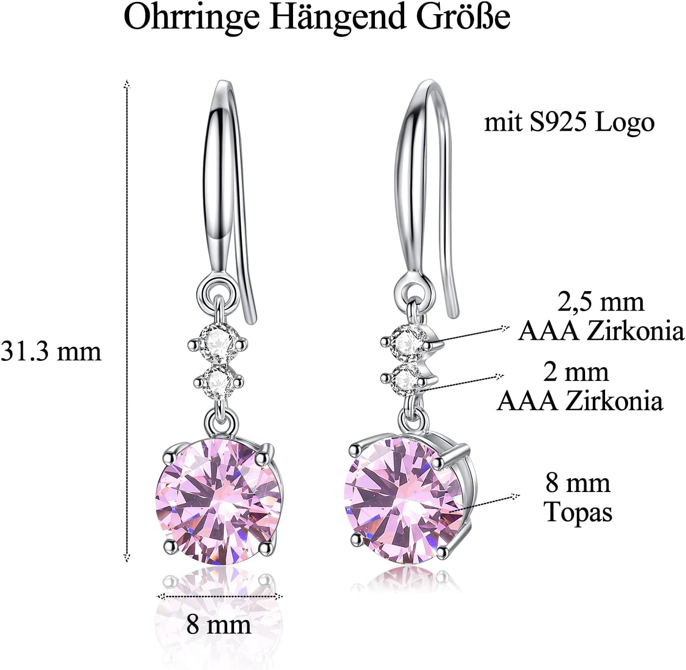 Thumbnail 4 de WOVEE Silber 925 Hängende Ohrringe mit Zirkonia und Topas – lange Ohrhänger (31,3 mm)