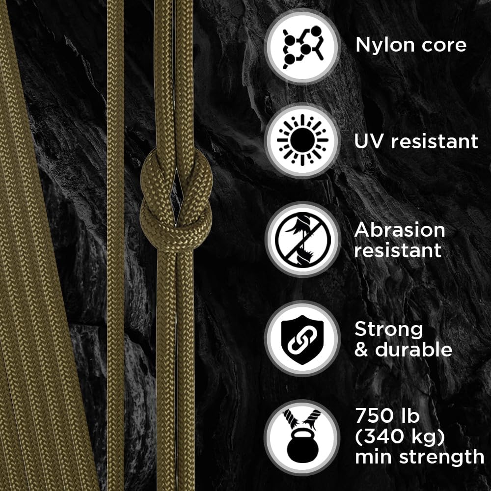 Detalle de TECEUM Paracord Type IV 750 lb Coyote Brown – 30 m (100 ft) – 4 mm – MIL-SPEC Nylon Survival Rope