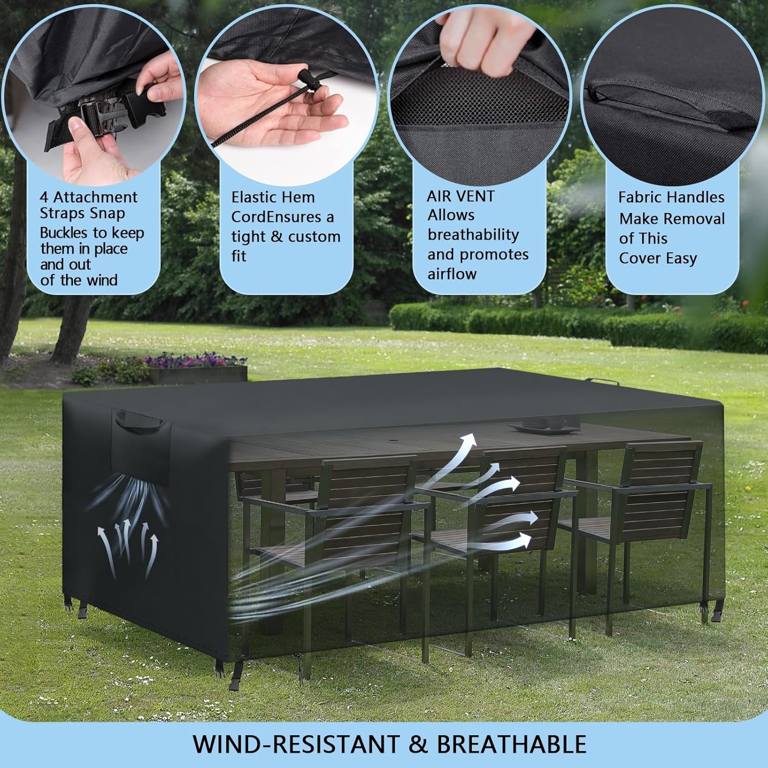 Thumbnail 4 de WUAYAMI Gartenmöbel-Abdeckung aus 420D Oxford-Gewebe, wasserdicht & winddicht, 170×94×71 cm, Schwarz