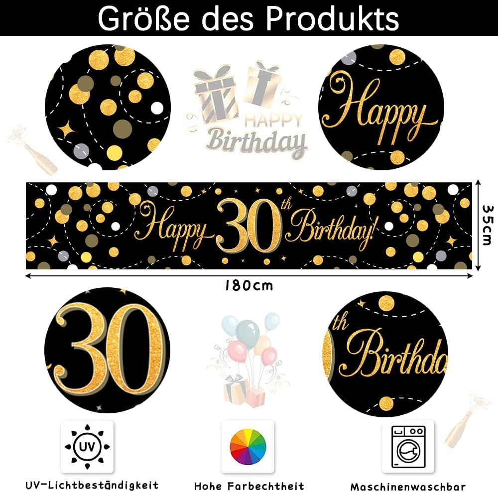 Thumbnail 1 de Tischläufer „Happy Birthday“ 30 schwarz-gold, 35x180 cm – 300D Oxford Stoff