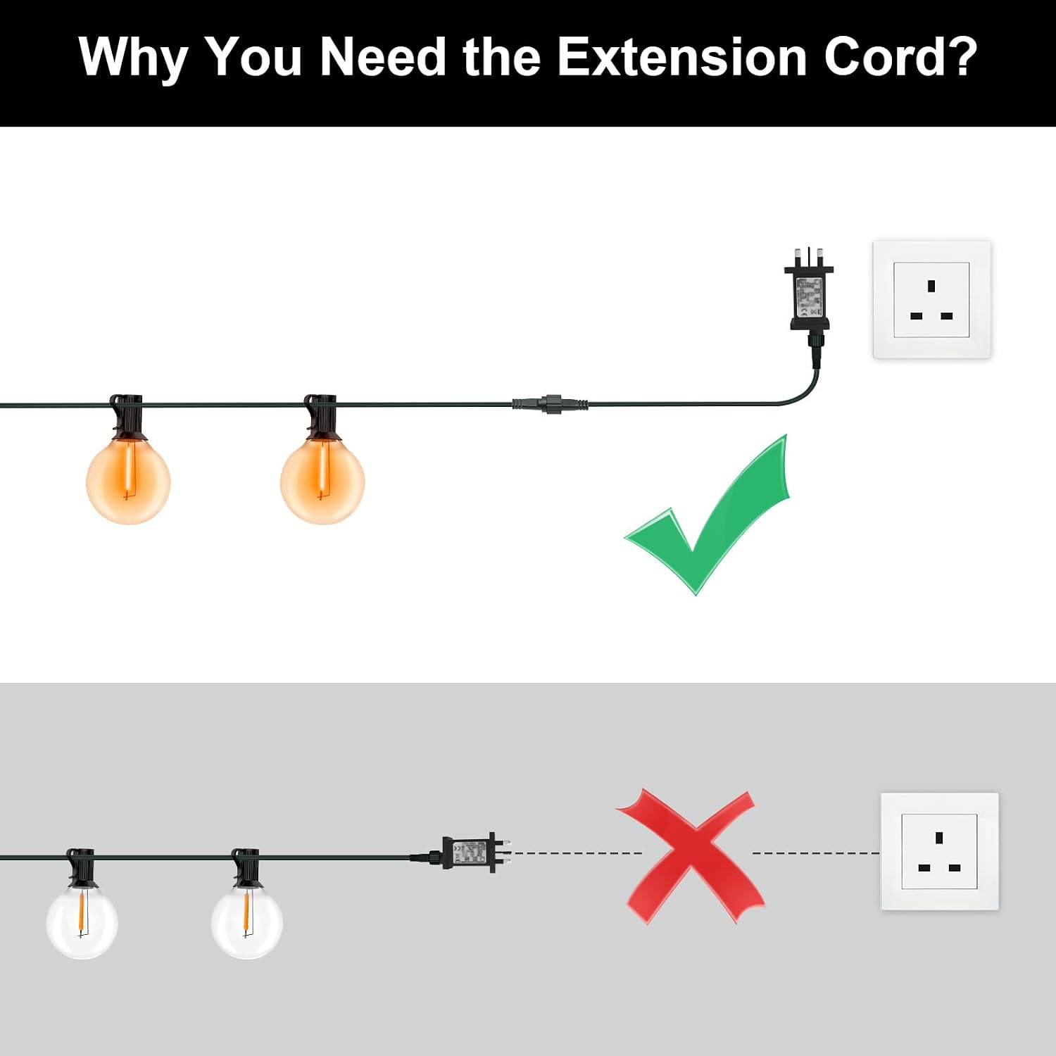 Detalle de cshare 10m (33ft) 2‑Pin Outdoor Extension Cable for G40 Globe & String Lights (IP65 Waterproof)