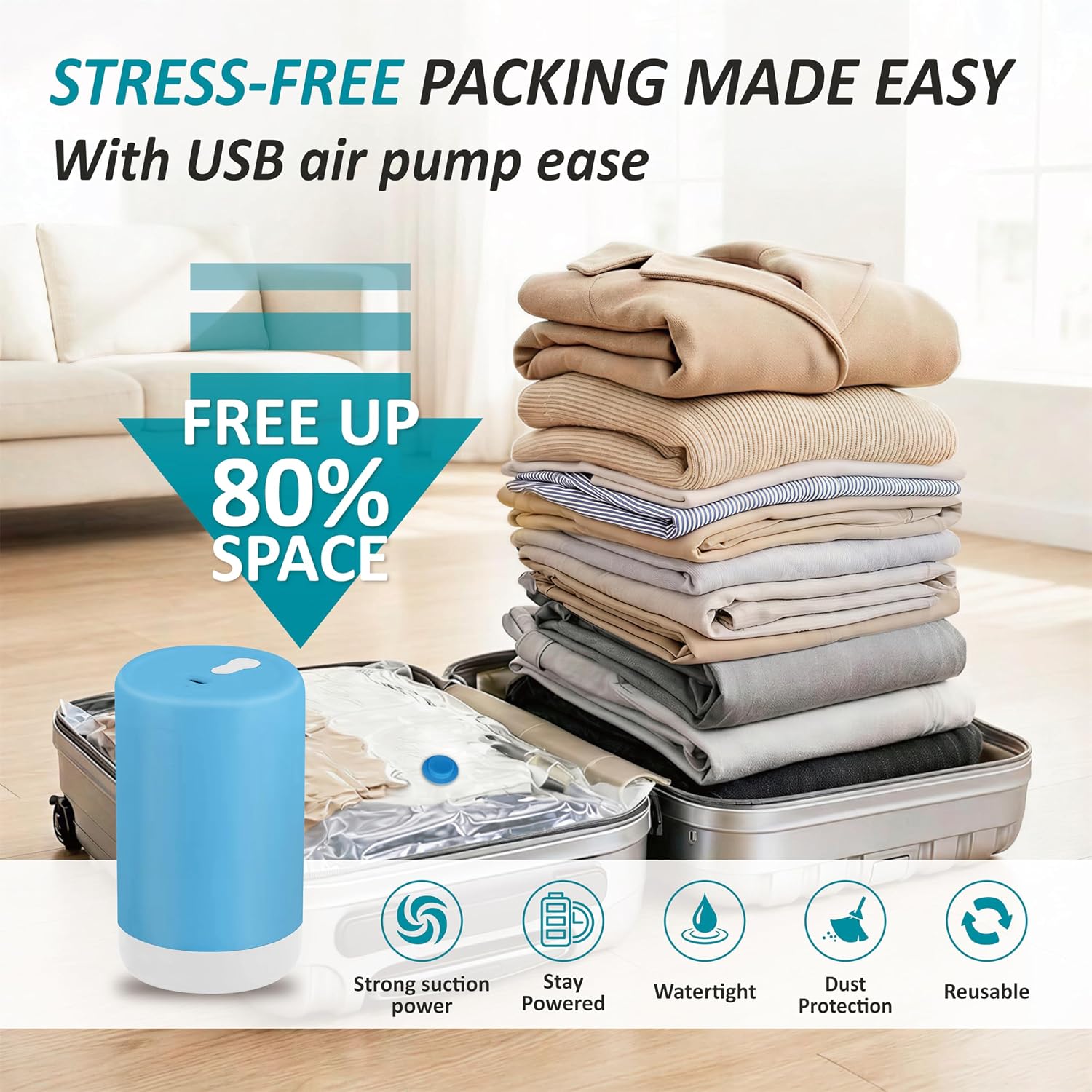 Detalle 2 de Cozy Essential Travel Vacuum Storage Bags, 26-Piece Set with Cordless USB Pump