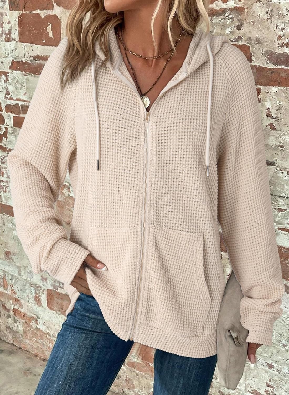 Detalle de Dokotoo Women's Full Zip Up Hoodies: Waffle Knit, Lightweight Comfort