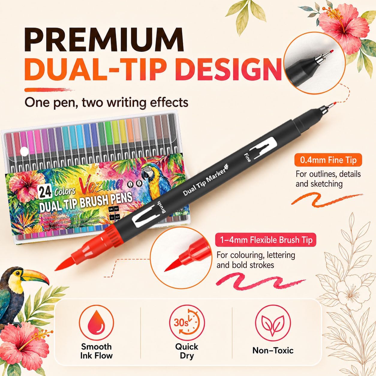 Thumbnail 3 de Vozuna 24 Colouring Pens for Adults – Dual Tip Brush Pens (Fine 0.4mm & Brush 1–2mm)