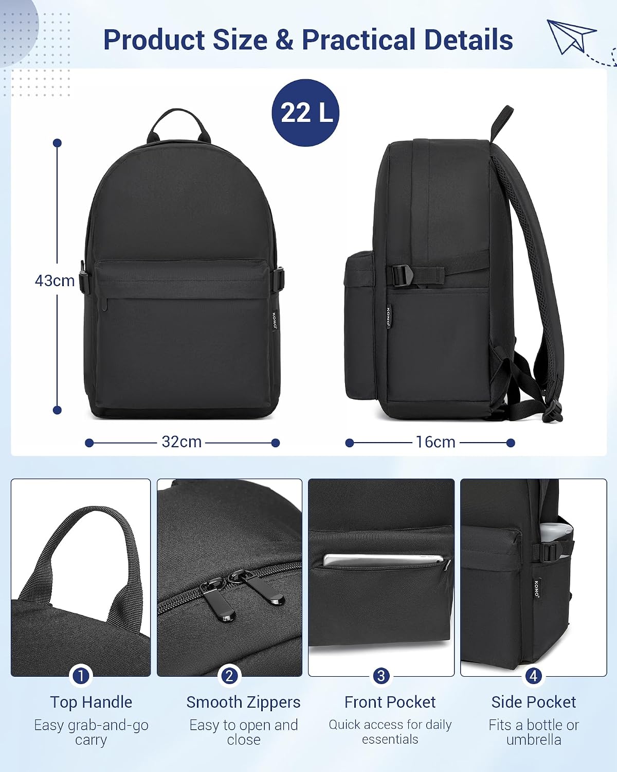 Detalle de Kono Backpack School Bag 22L: Lightweight, Versatile Rucksack for Everyday Use