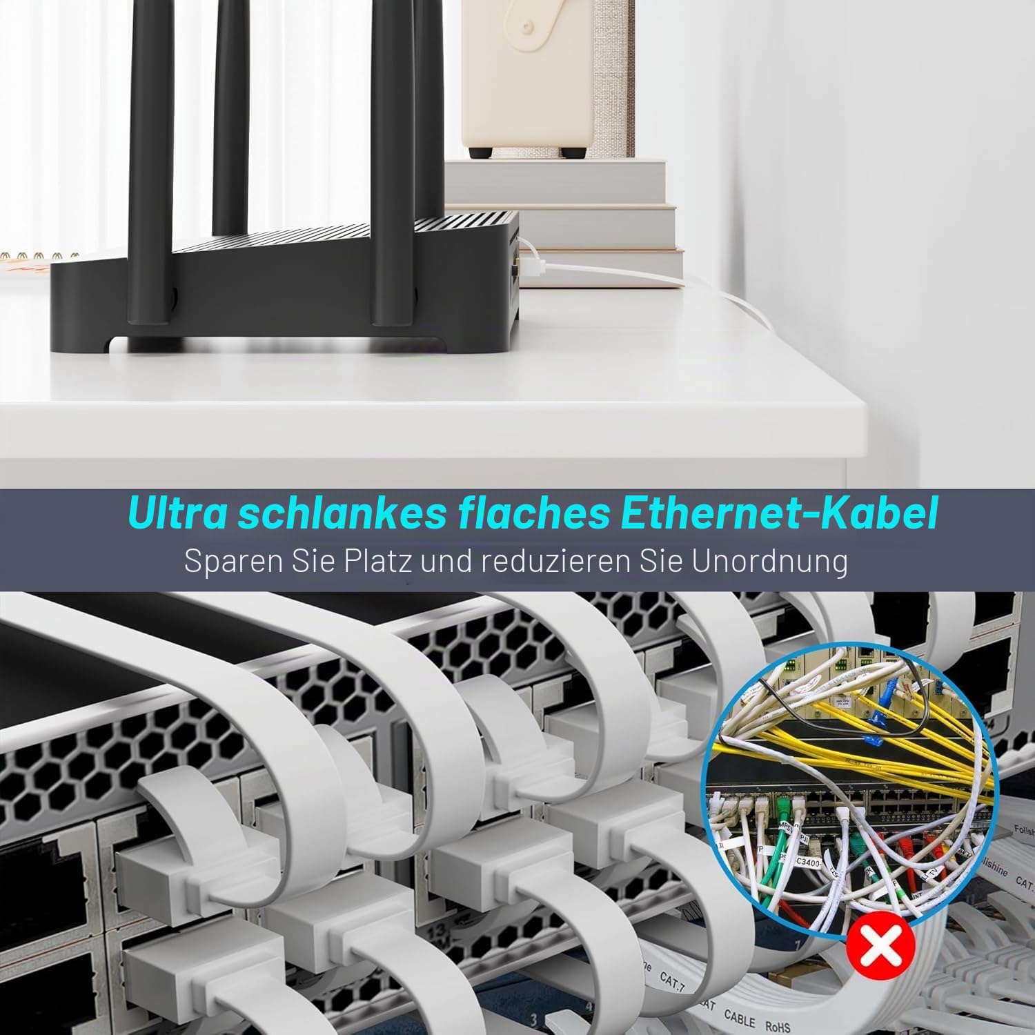 Detalle de Mygatti Cat7 Flach-Dünn Ethernetkabel 1.5 m – 10er Pack, Weiß, FTP, POE-fähig