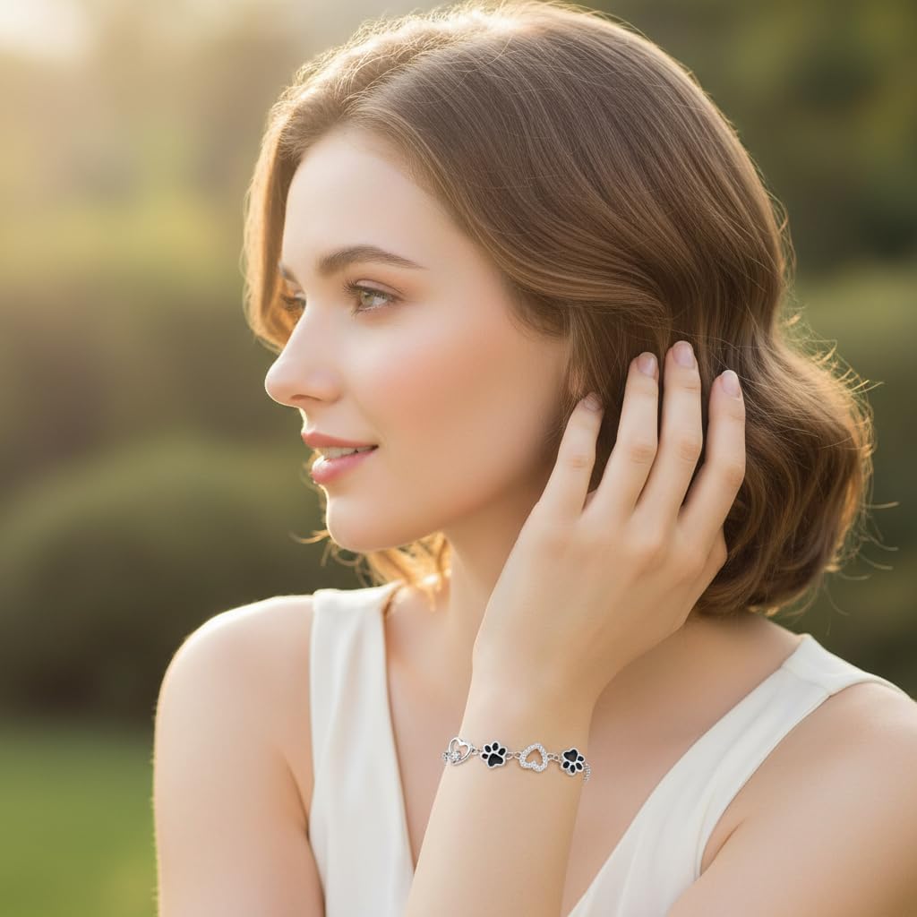 Detalle de Micory Bracelet Femme en Argent Sterling 925 Ajustable – Cœur et Empreinte d’Animaux