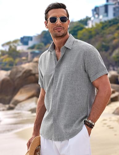 Detalle 2 de COOFANDY Mens Hawaiian Shirt Short Sleeve Striped Button Down Beach Shirt in Grey (Size L)