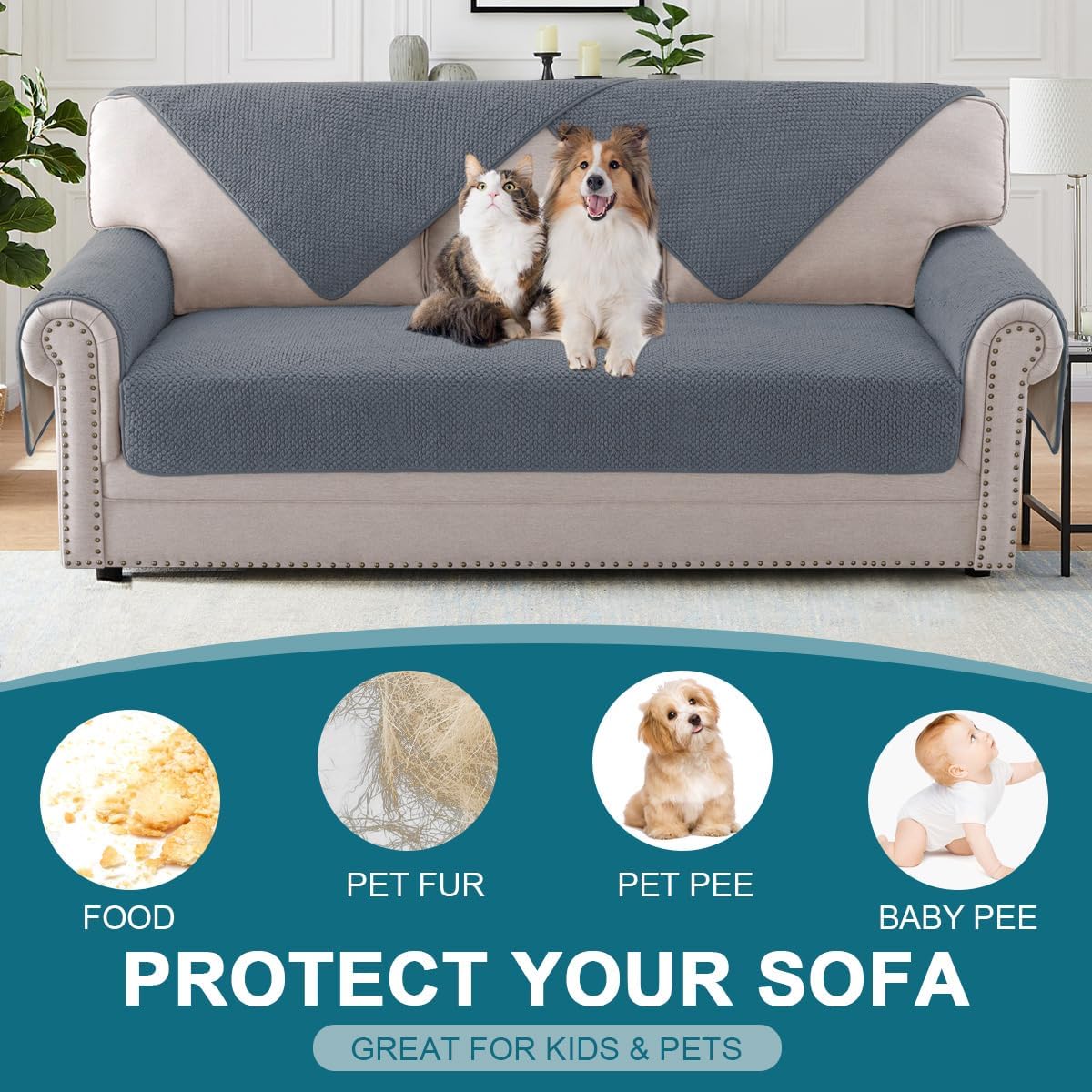 Detalle de BellaHills Sofa Überzug Waschbar – Wasserdicht, rutschfest und universell einsetzbar (90 x 120 cm) grau