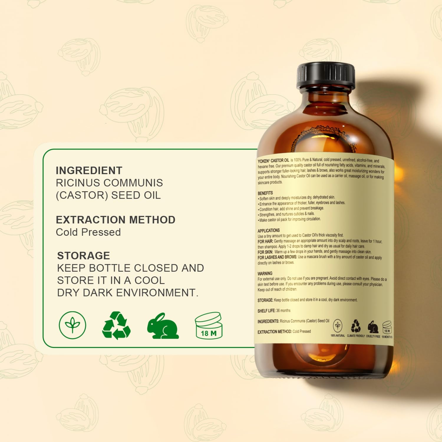 Thumbnail 6 de Yoken EWG Organic Castor Oil 16oz: Cold-Pressed, Hexane-Free, Pure & Multi-Use