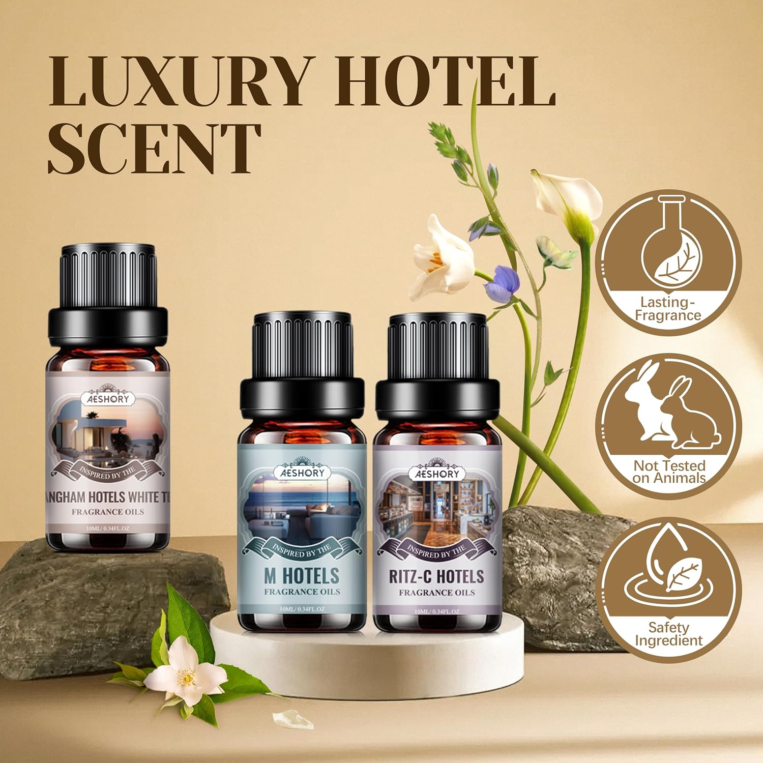 Detalle de AESHORY 6 x 10ml Hotel Essential Oils Set for Diffusers, Humidifiers & DIY (Fancy hotel-inspired scents)