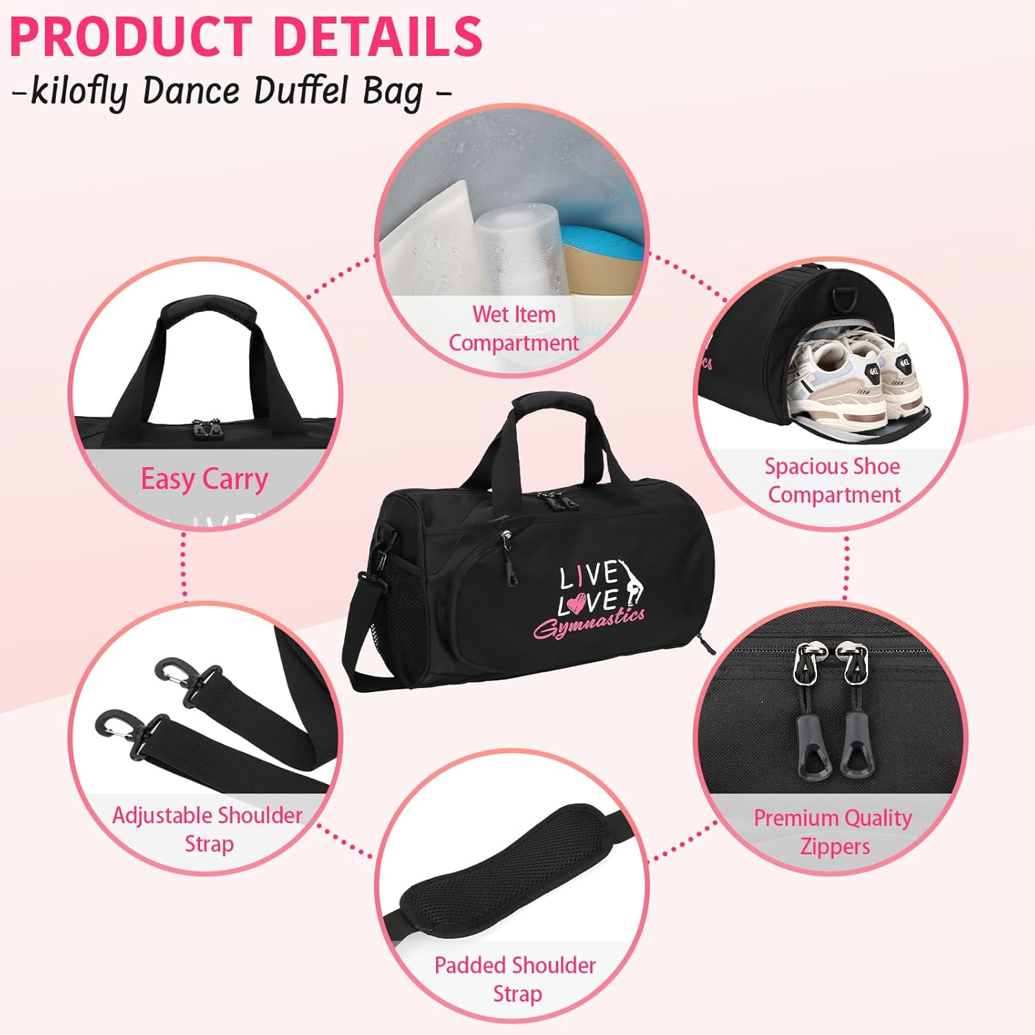 Detalle 2 de Kilofly Live Love Gymnastics Girls Ballet Sports Duffel Bag