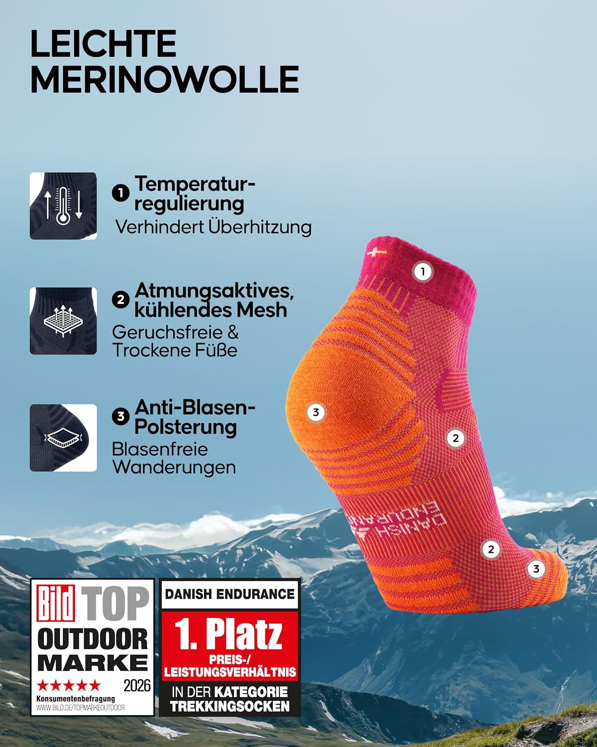 Detalle 2 de DANISH ENDURANCE Kurze Merino-Wollwandersocken – 3 Paar, atmungsaktiv, anti-Blasen, unisex