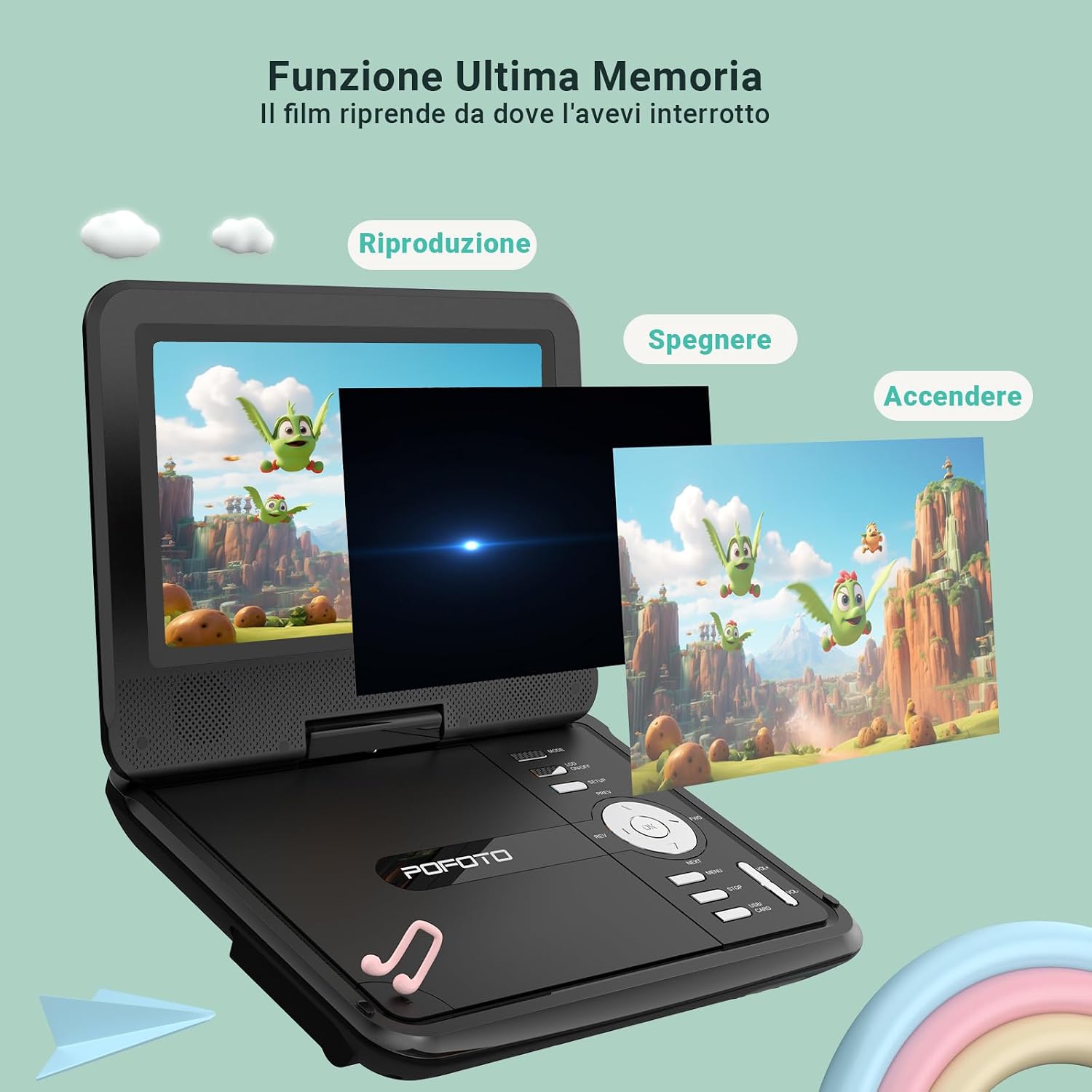 Detalle de Lettore DVD Portatile POFOTO 9,5'' con Schermo HD Ruotabile 270° – 4–6 Ore di Autonomia, Lettore Multiformato