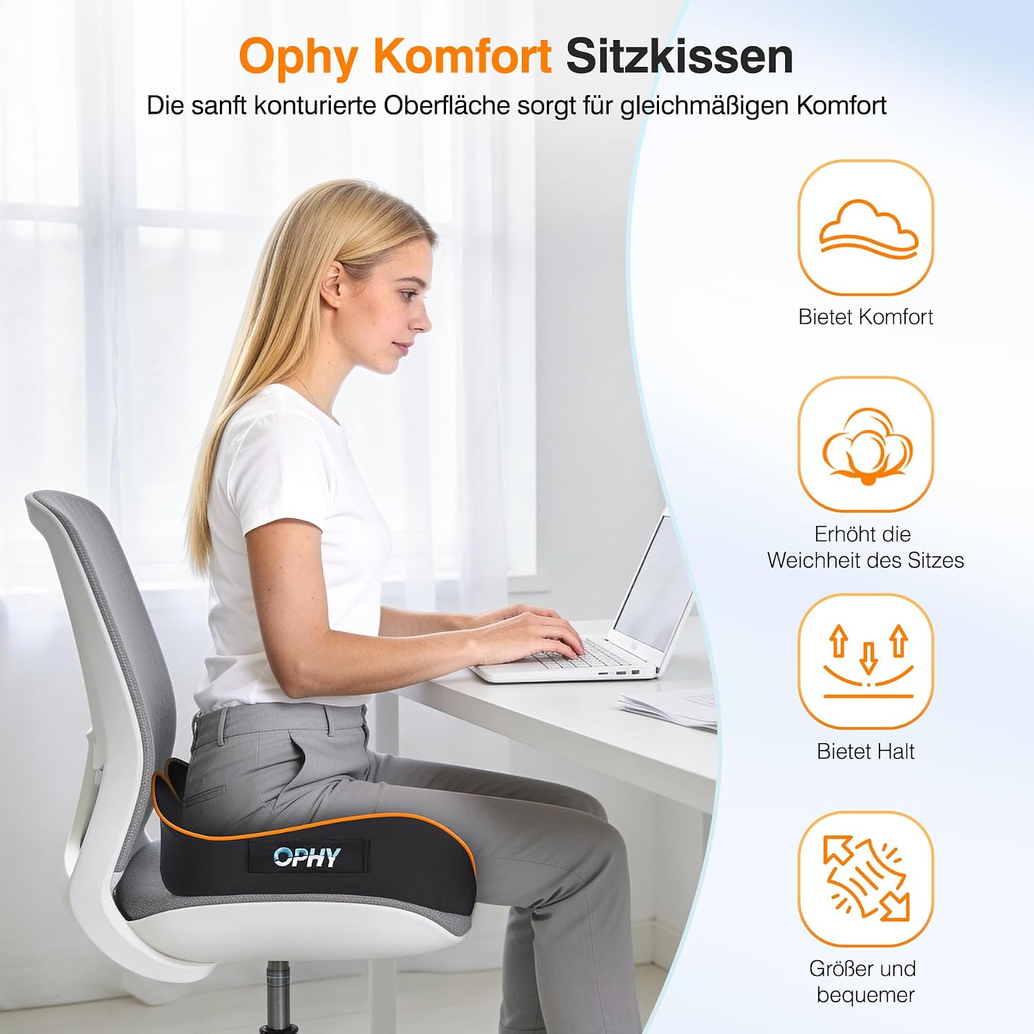 Detalle de Ophy Sitzkissen Auto – Memory-Schaum für Bürostuhl, Auto- und Gaming-Sitzkomfort