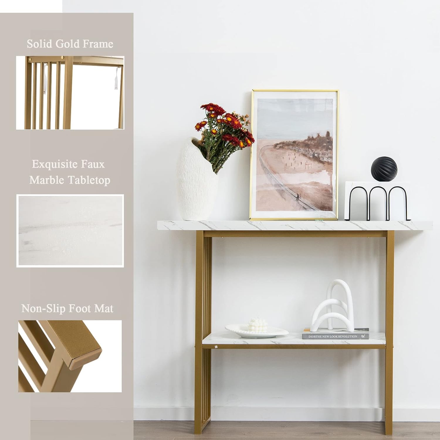 Thumbnail 3 de LIFEZEAL Table Console à 2 Niveaux – Plateau faux marbre blanc et cadre doré, 120 x 30 x 93 cm