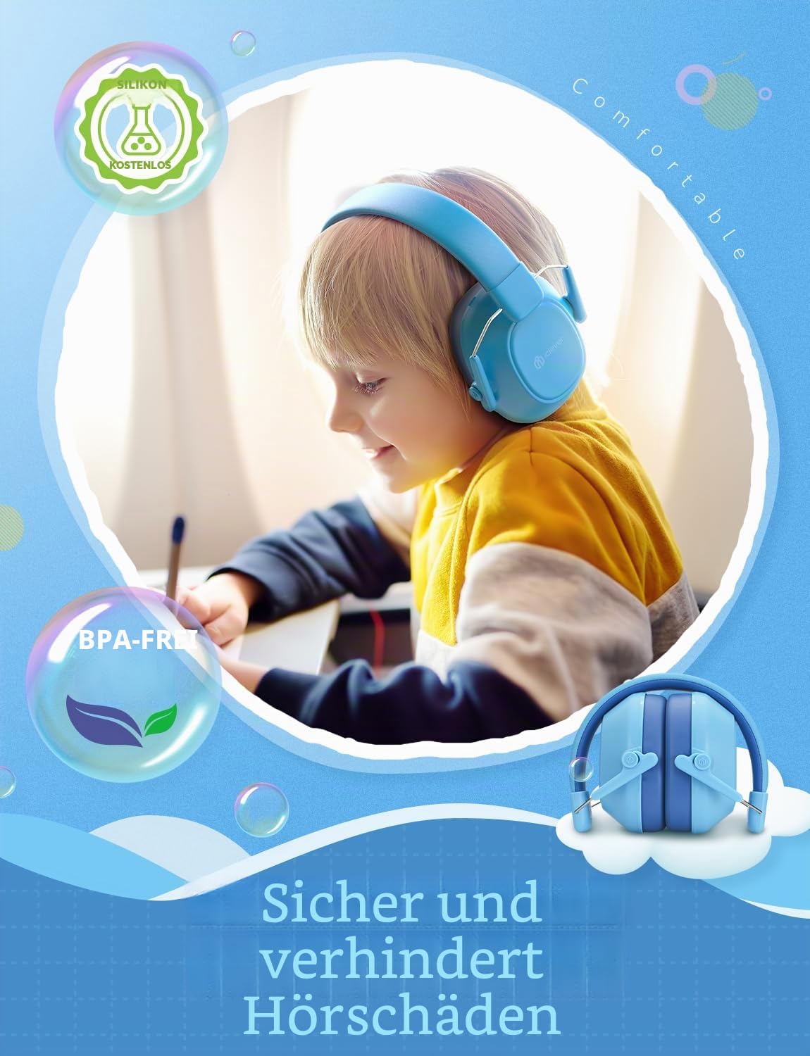 Detalle de iClever iClever Gehörschutz Kinder (SNR 29 dB) – Lärmschutz Kopfhörer für Kinder, blau
