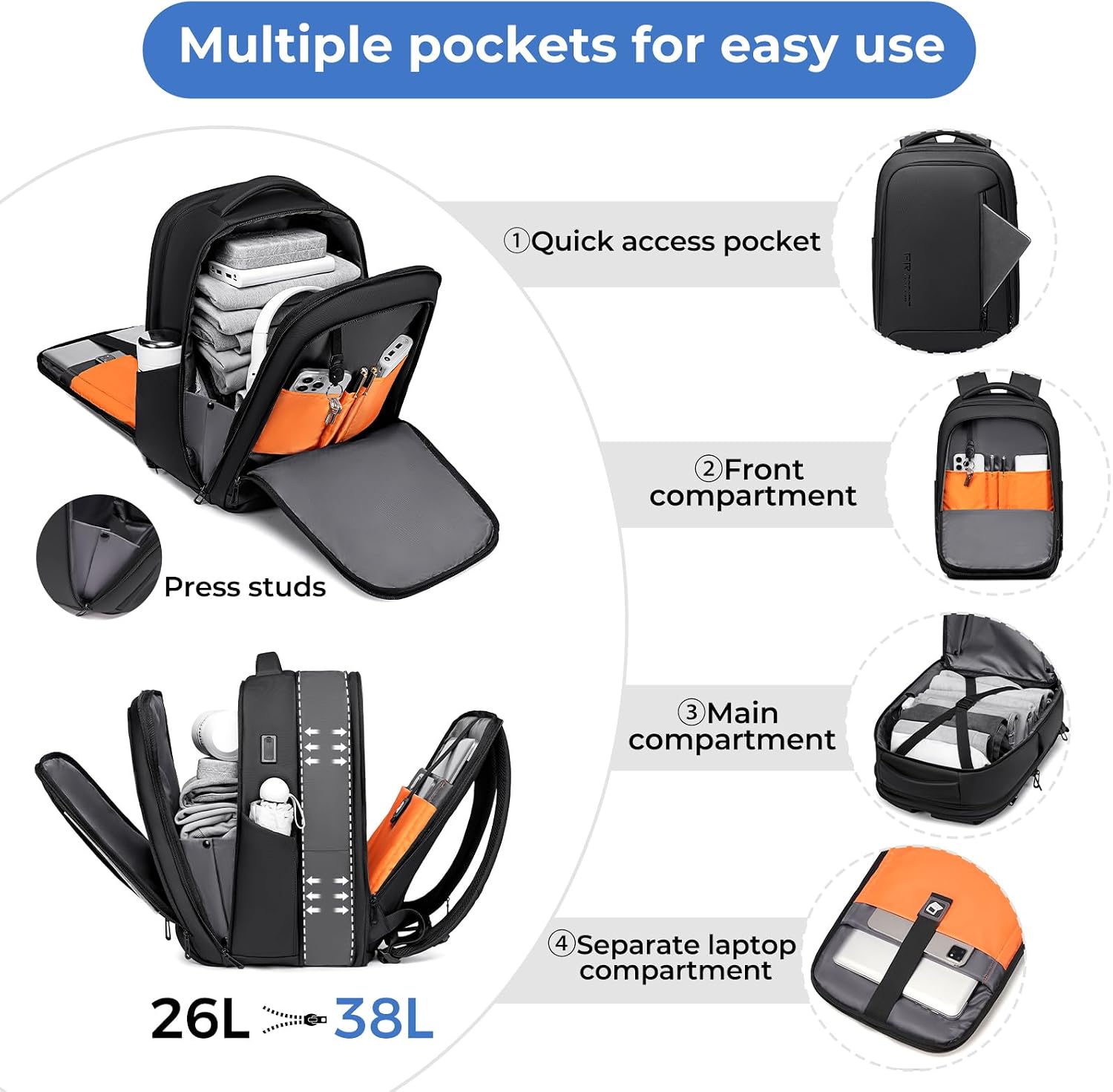 Detalle de Fenree.geer Laptop Backpack with USB Port – 26L-38L Expandable Travel Backpack for 17-inch Laptops