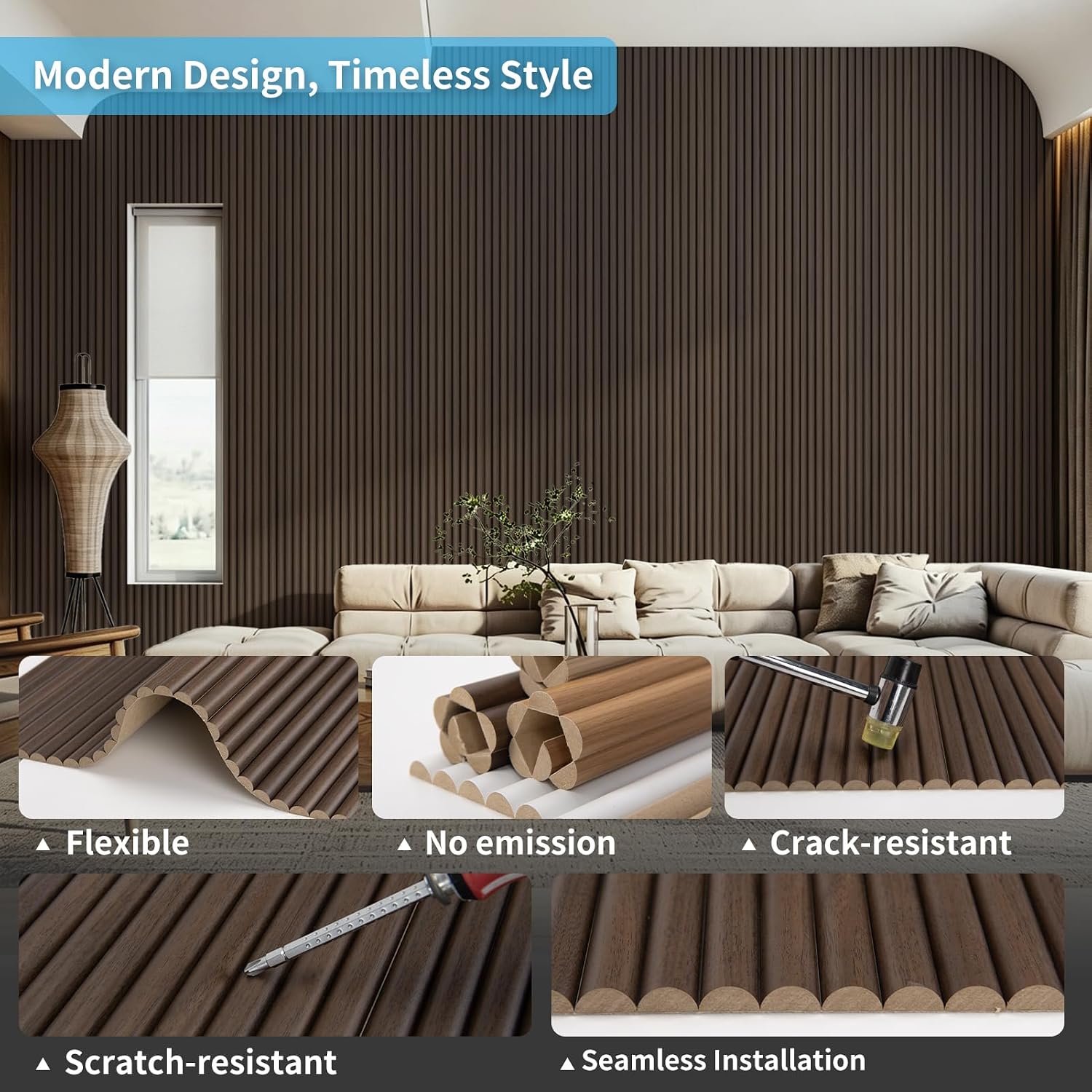 Thumbnail 4 de Art3d A31ct705WA02usz Roll-Flat Beaded Wood Slat Wall Panels, Walnut, 2-Pack