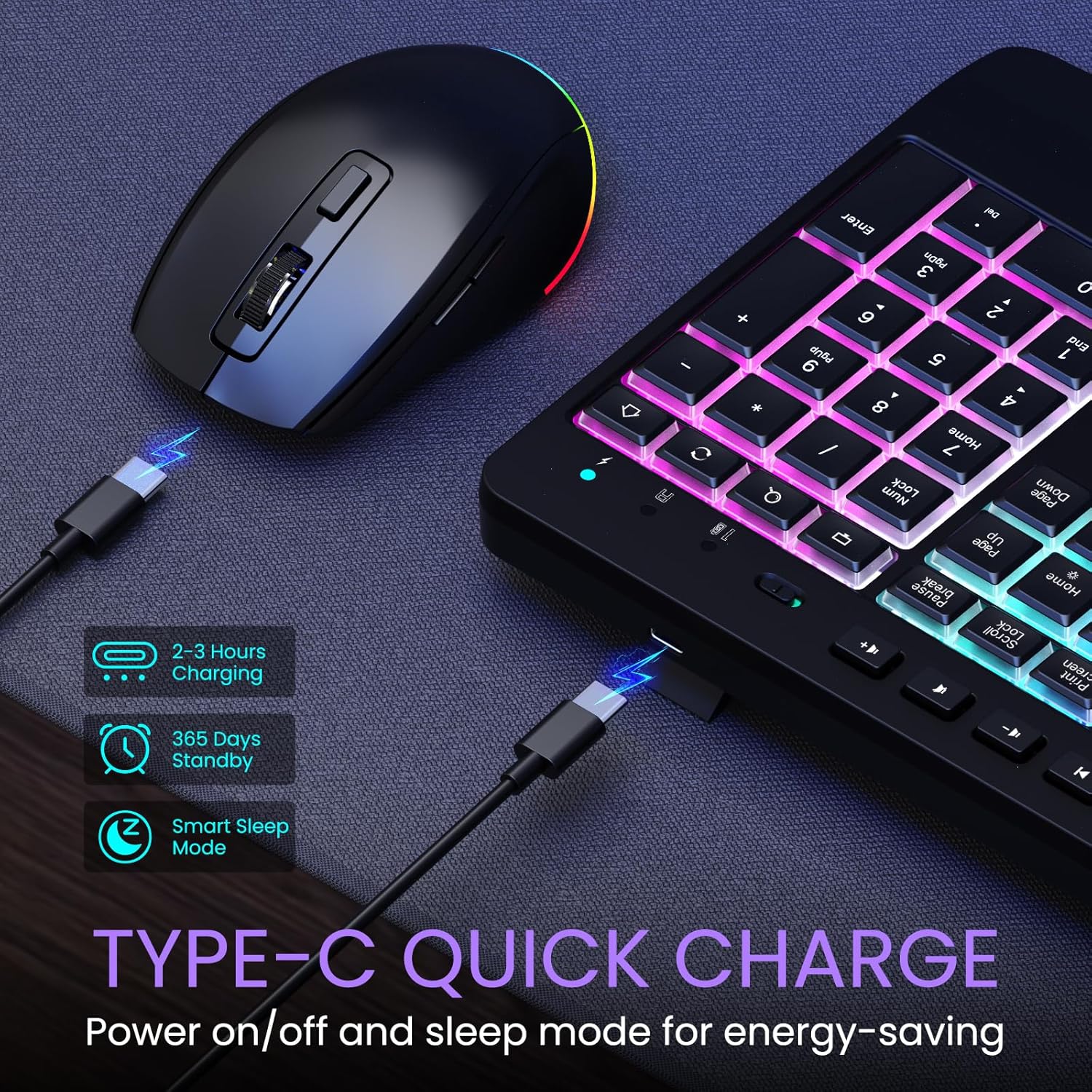 Detalle 2 de VEILZOR 2.4G Wireless Keyboard and Mouse Combo with Phone Holder, Rechargeable + RGB Wrist Rest