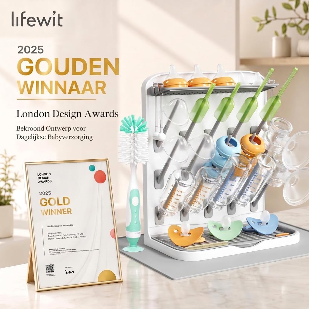 Detalle de Lifewit 24445 flessendroogrek met 15 pennen, lekbak en droogmat