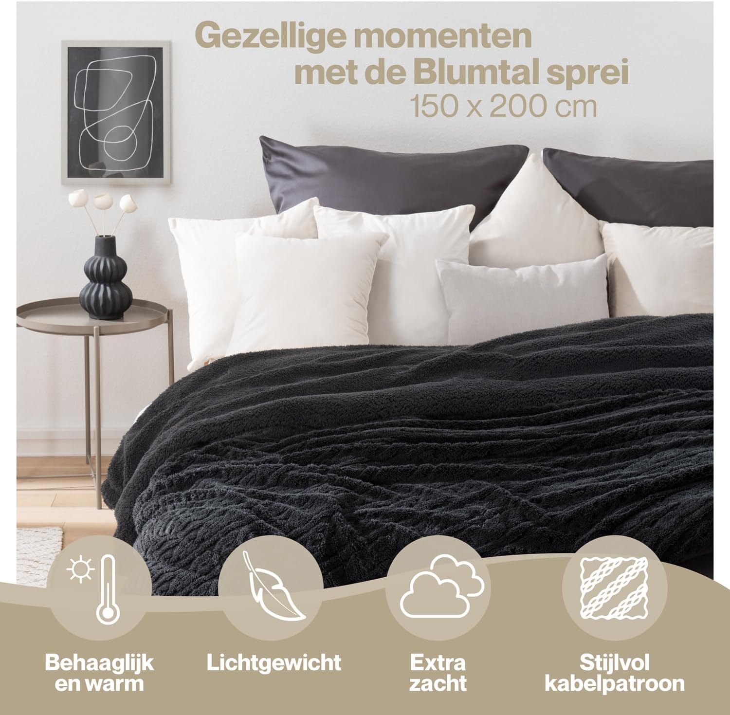 Detalle de Blumtal fleece deken 150x200 cm, kabelgebreide look en zachte sherpa binnenkant